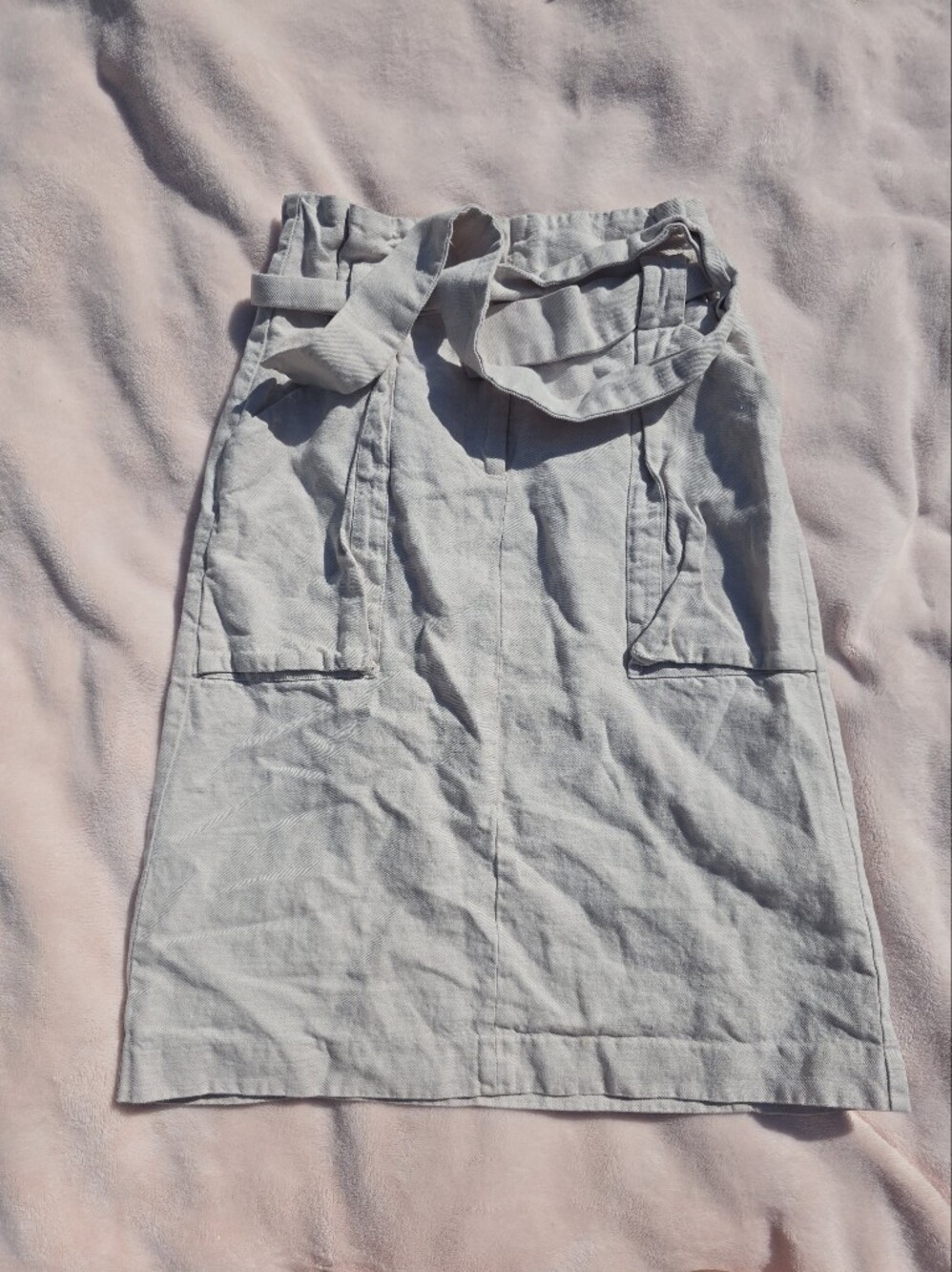 H&M Beige Cotton Linen Blend Paperbag Belted Midi Skirt Size 6 S